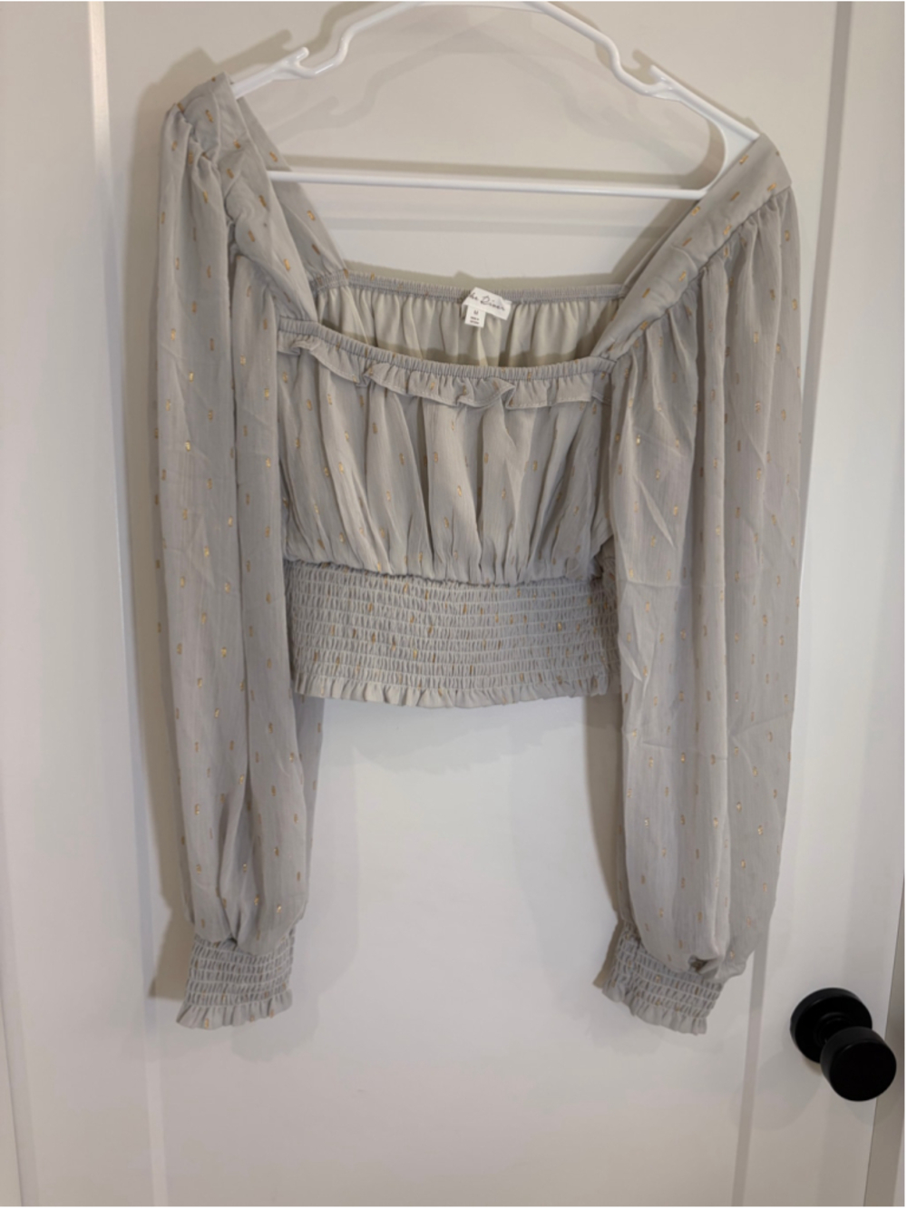 By The River Metallic Gold Clip Dot Crop Top Long Balloon Sleeve Grey Medium